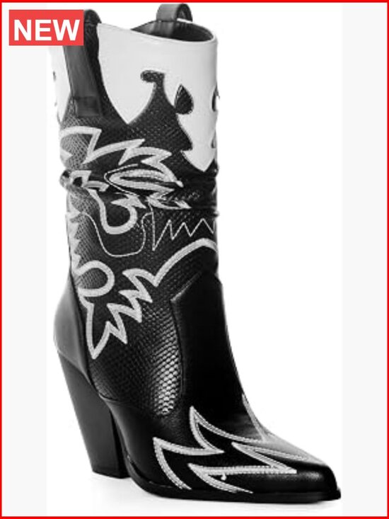 Shoes - Cowboy Boots Mid Calf Knee High Chunky Heel Pointed Toe Western Embroidery Faux
